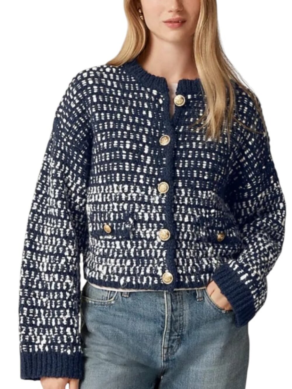 J Crew Alpaca Wool Blend Cardigan Sweater Boxy Crop Tweed Textured Blue S